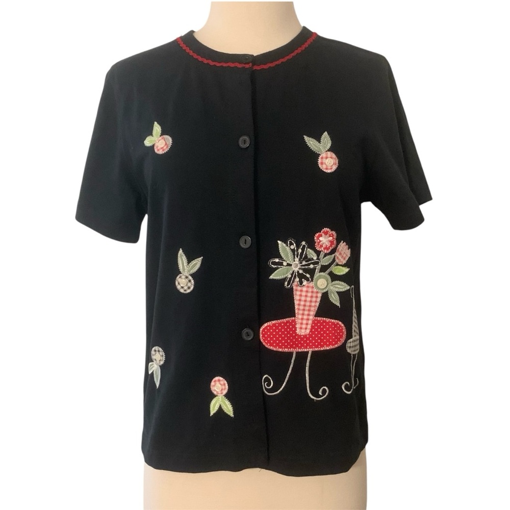 Onque Casuals Navy Blue Top Cherries Small Short‎ Sleeve Vintage